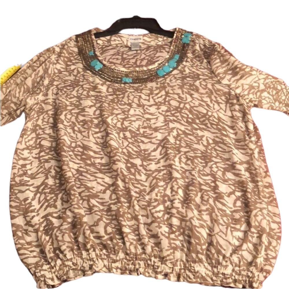 Chico’s XL tan & ivory embellished print sheer top banded hem w/ turquoise trim